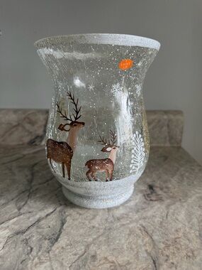 Winter Reindeer Hurricane Glass Candle Holder Crackle Glass Large